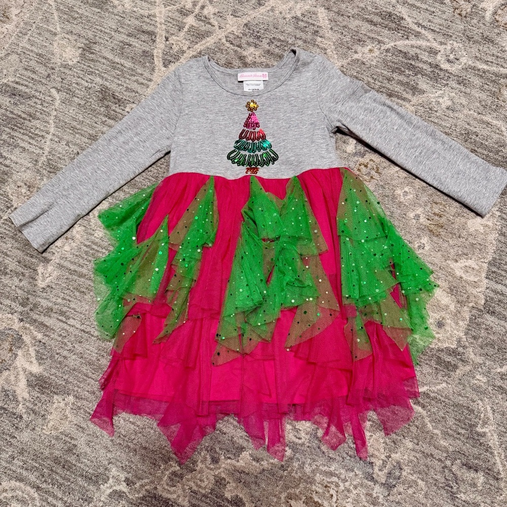 Bonnie Jean Pink Green Christmas Dress with Sequin Tree Design